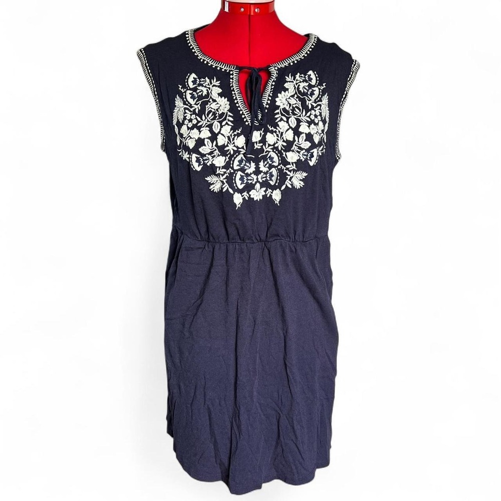 Boden navy blue & white embroidered cotton blend sleeveless dress size 10 boho